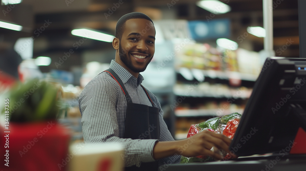 Fototapeta premium A smiling cashier scanning groceries at a supermarket checkout , friendly assistant, photo style