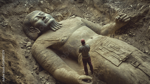 An archaeologist standing in front of a massive unearthed statue, documenting details, excavations, photo style photo