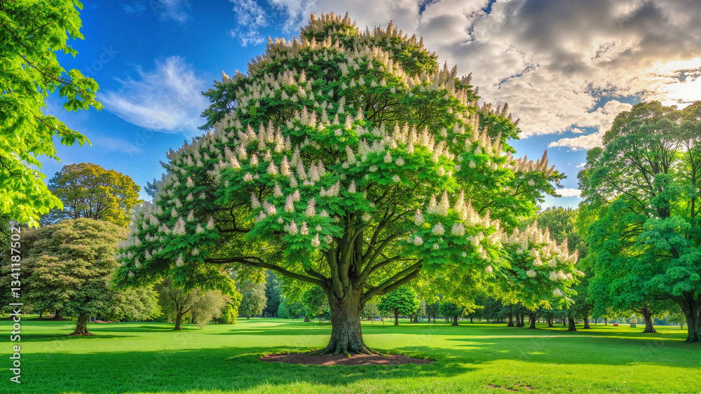 Lush green park with large tree under blue sky Lush green park with large tree under blue sky