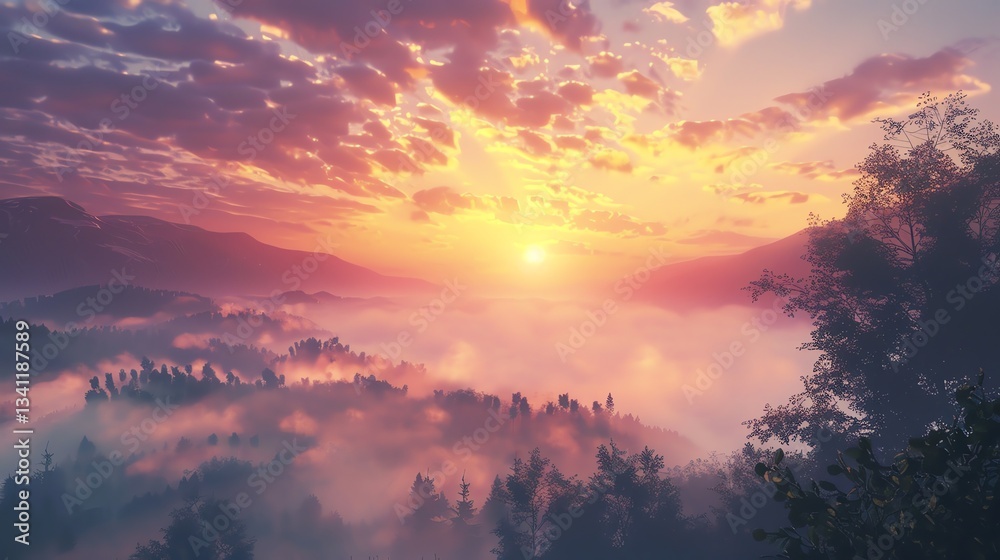 Fototapeta premium A mountain peak with snow, shrouded in clouds at sunset.