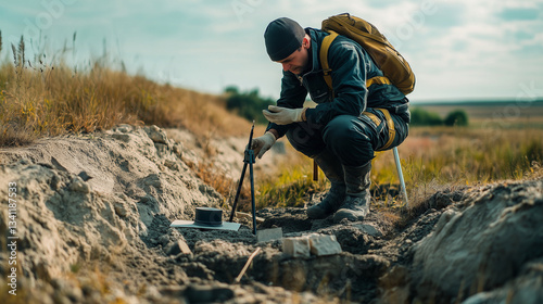An archaeologist using ground-penetrating radar to scan an ancient battlefield, excavations, photo style
