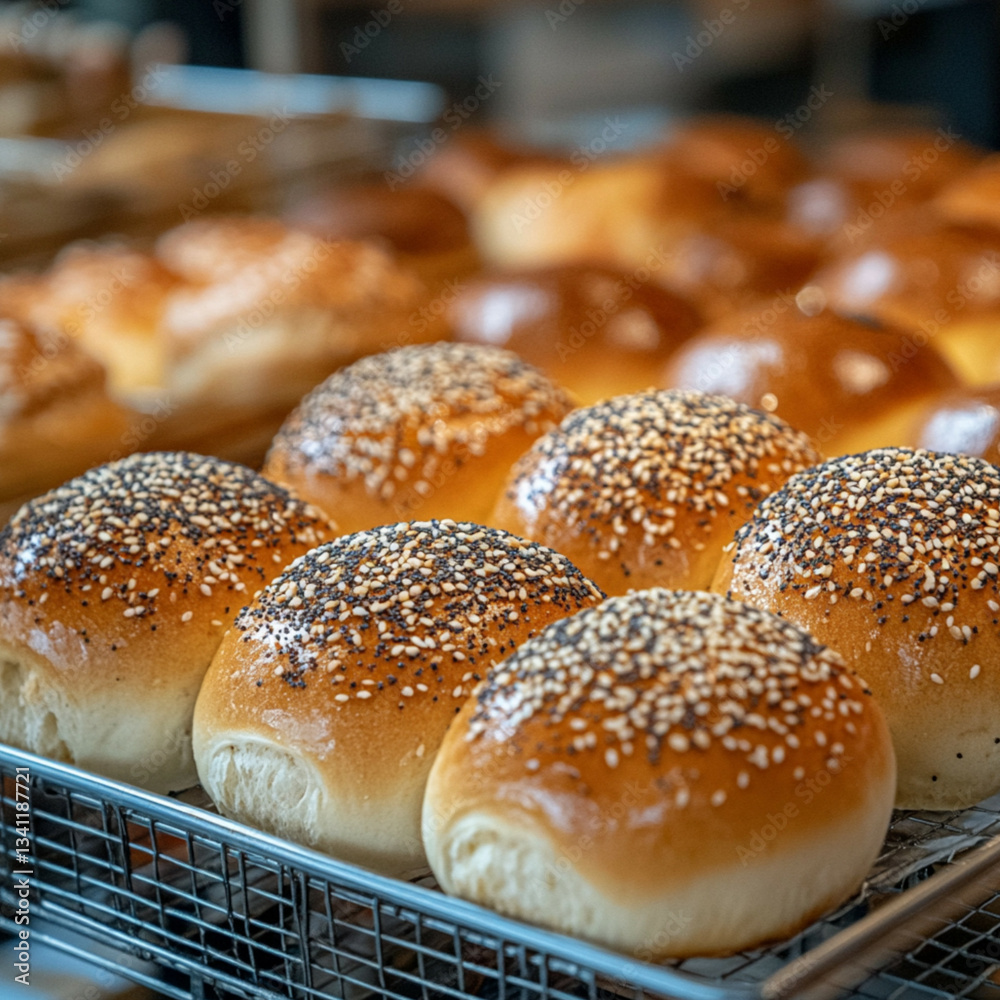 Freshly baked buns sprinkled with sesame seeds and nuts. Freshly baked buns sprinkled with sesame seeds and nuts.