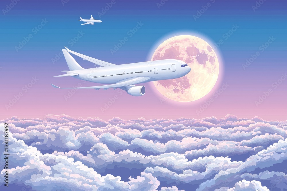 Fototapeta premium The image of an airplane flying above the clouds under a sunny sky, suitable for illustrating themes of travel, aviation, or thrilling adventures
