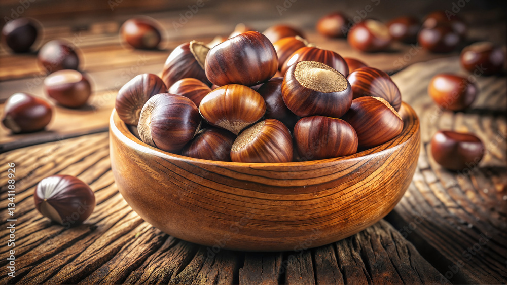 Obraz premium Wooden bowl filled with fresh chestnuts
