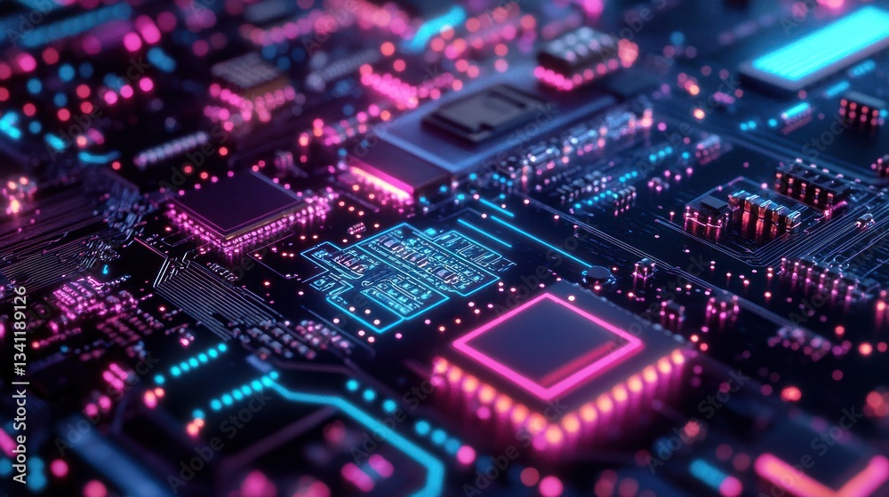 Abstract Circuit Board, Neon Lights, Technology, High-Tech Abstract Circuit Board, Neon Lights, Technology, High-Tech