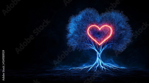 glowing tree with branches full of heart shaped lights creates magical atmosphere, symbolizing love and connection