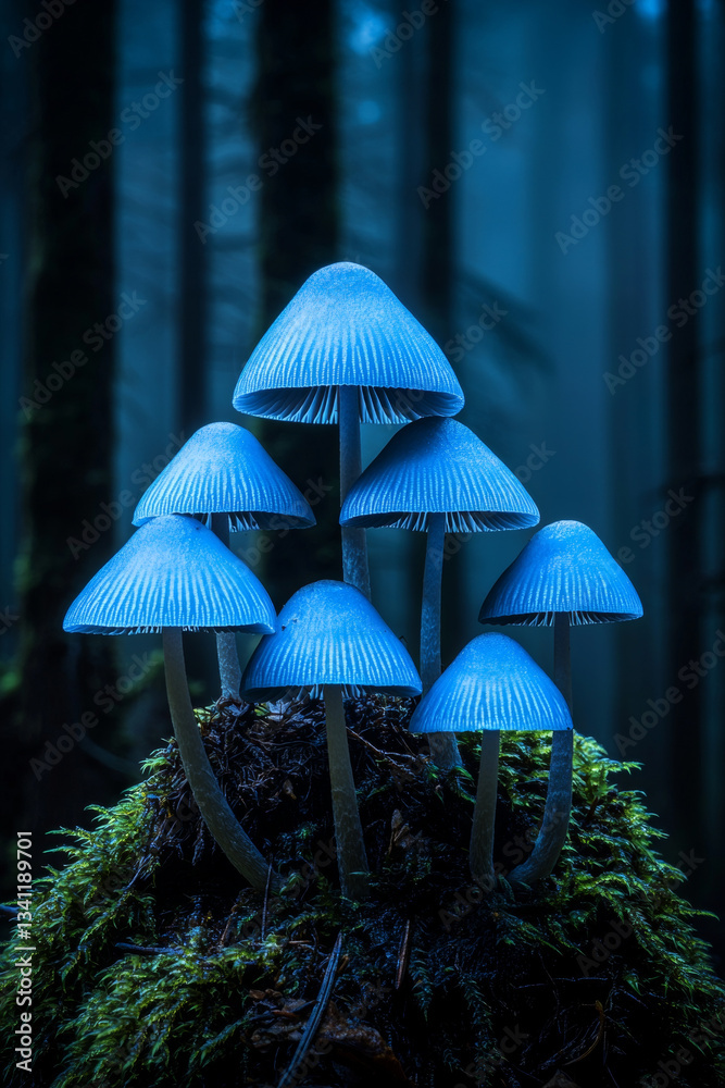 Fototapeta premium Mushrooms glowing in blue hues, surrounded by misty forest, create mystical atmosphere. Their unique shapes and colors evoke wonder