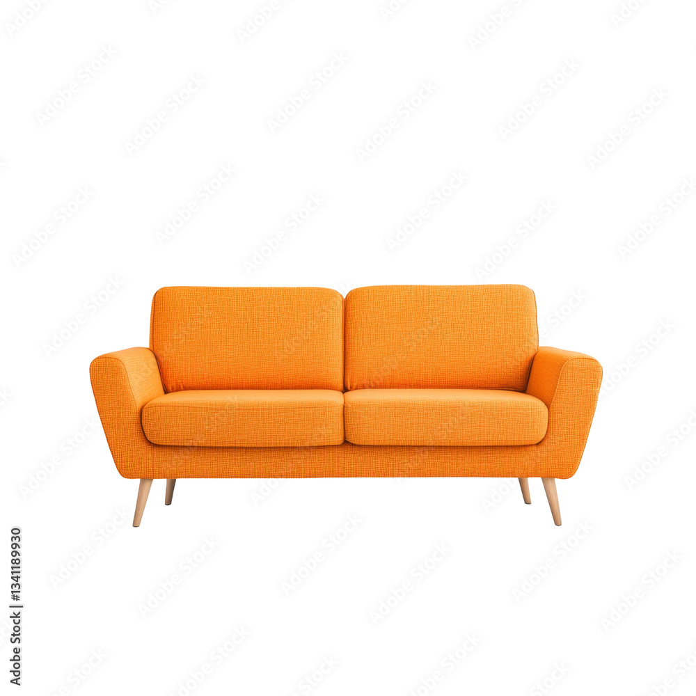 vibrant orange sofa with modern design, featuring comfortable two seat layout and wooden legs, perfect for contemporary