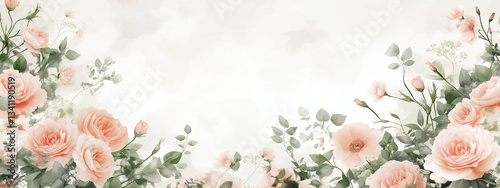 Elegant Floral Background with Peach Carnations & Pink Roses – Soft Pastel Digital Art with Greenery on a White Backdrop, Blurred Edges & Sophisticated Aesthetic