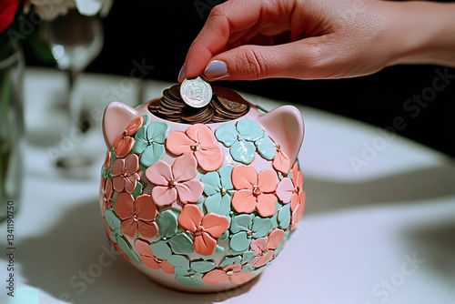 A closeup of a little girl inserting a coin into a ceramic bank positioned on a table illustrates the idea of saving, which is essential for personal betterment and cultivating a savings habit in
