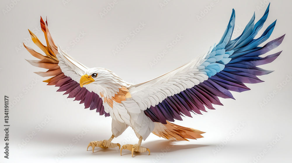 Obraz premium stunning paper sculpture of eagle with vibrant, multicolored wings, showcasing intricate details and dynamic pose