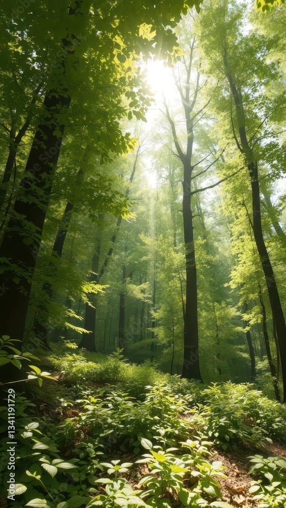 Fototapeta premium Sun-dappled forest floor, vibrant green leaves, scene, branch