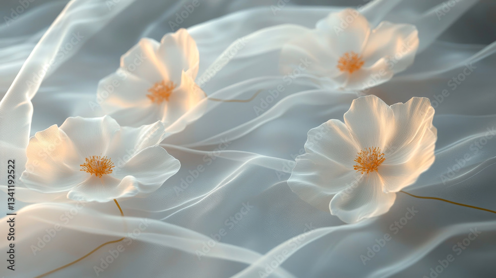 Delicate white flowers resting on soft, sheer fabric in serene natural light