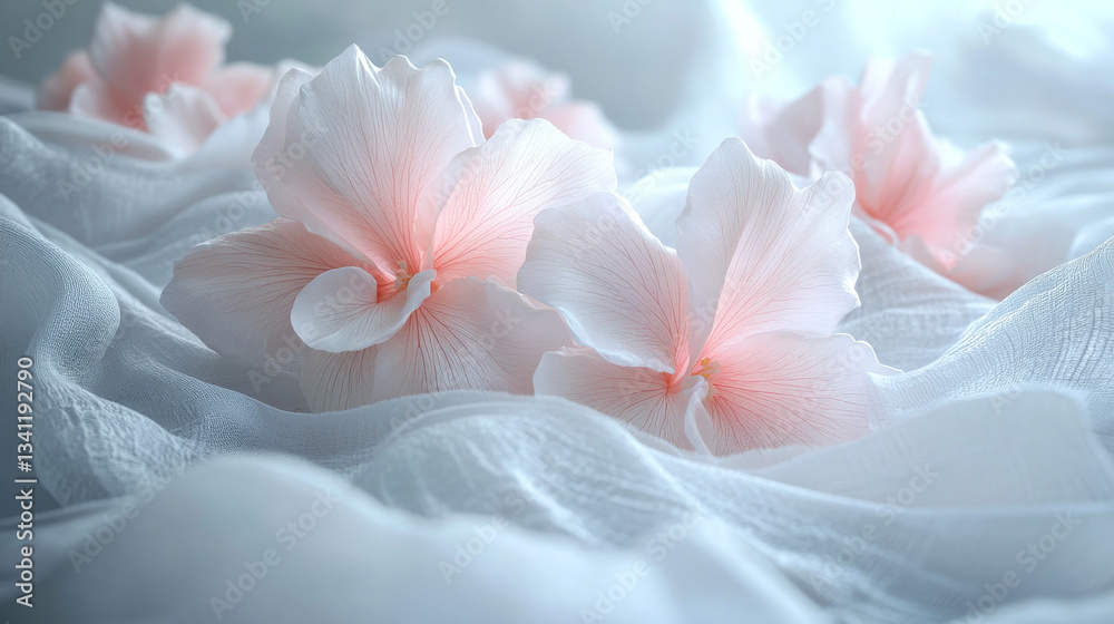 Soft pink flowers resting on delicate white fabric in serene light setting