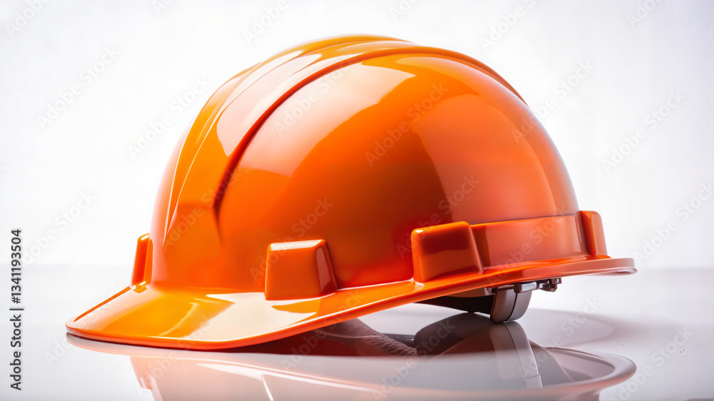 Fototapeta premium Orange construction helmet on reflective surface