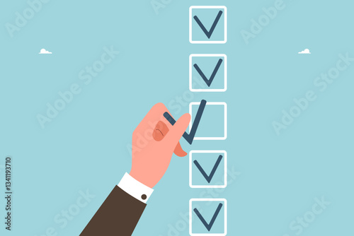 Planning work schedule, time management and business scheduling, successful completion of tasks and assignments, making business decisions, rational thinking, hand puts check mark in icon.