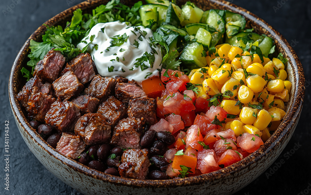 Steak Bowl with Black Beans, Corn, Tomatoes, Cucumber, Cilantro, and Sour Cream Steak Bowl with Black Beans, Corn, Tomatoes, Cucumber, Cilantro, and Sour Cream