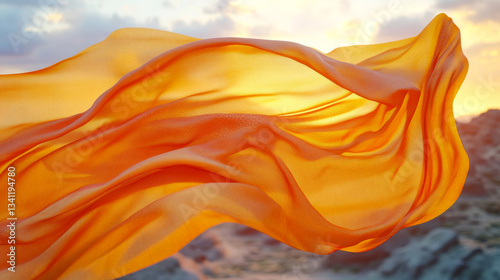Flowing orange fabric dances in the sunset light over rocky landscape