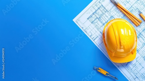 Construction Project: Blueprint, Hard Hat, and Tools