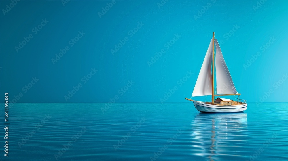 Fototapeta premium Tiny 3D Sailboat with White Sails on Calm Turquoise Water
