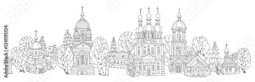 Vector fairy tale Christian monastery churches and houses. Contour doodle sketch for coloring book page