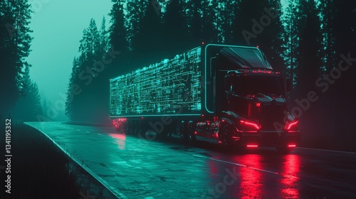 A digitized highway serves as the backdrop for a futuristic truck that shines with vibrant, neon blue and red illumination as it speeds by