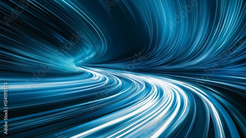 The dark tunnel is illuminated by neon blue lights that move along it