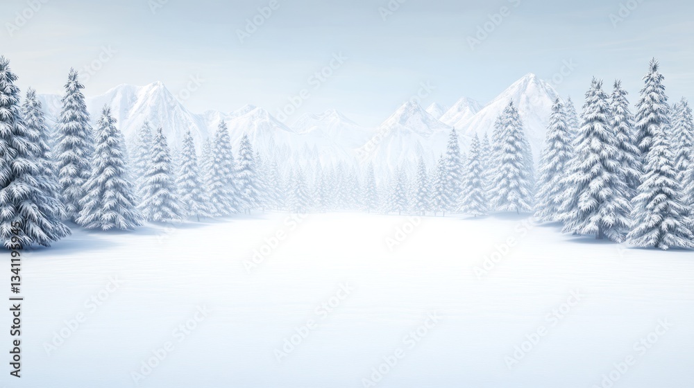 Fototapeta premium Serene Winter Wonderland: Snow-Covered Pines and Majestic Mountains