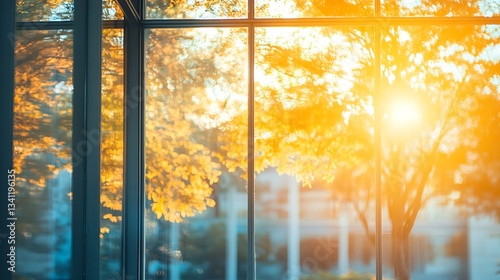 Autumn sun shining through glass window, showing fall foliage and cityscape.