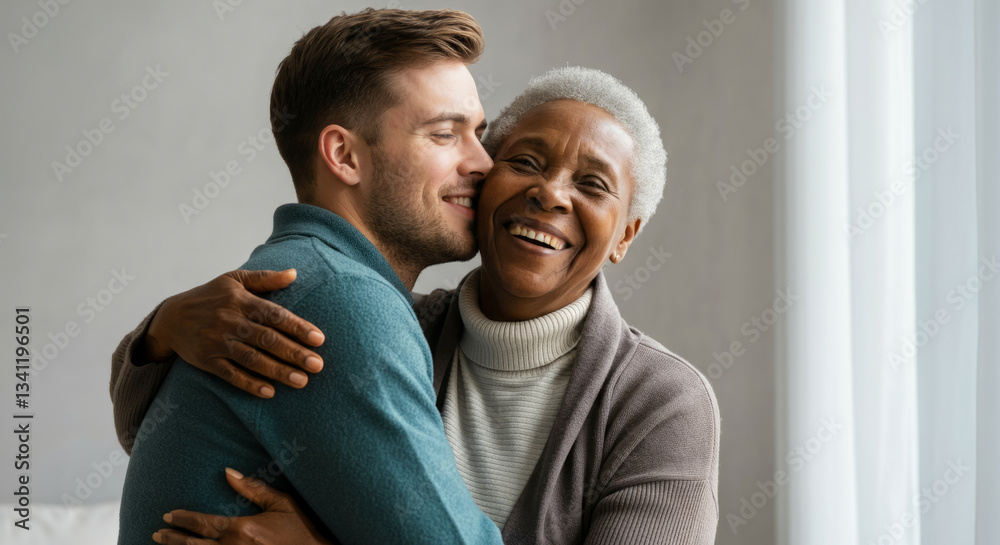 Fototapeta premium Happy diverse generations: young caucasian man hugging elderly african woman