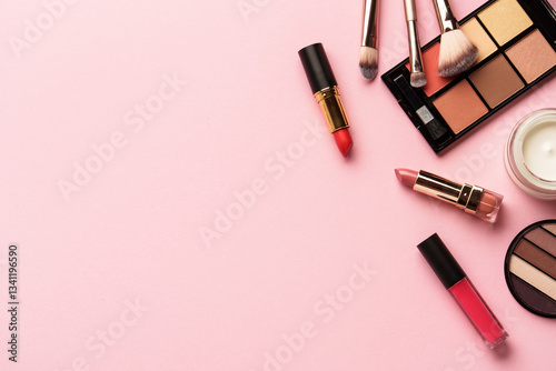Obraz na płótnie Makeup products flat lay background on pink. Eyeshadow, highlighter, cream, lipsticks and cosmetic brushes. w salonie