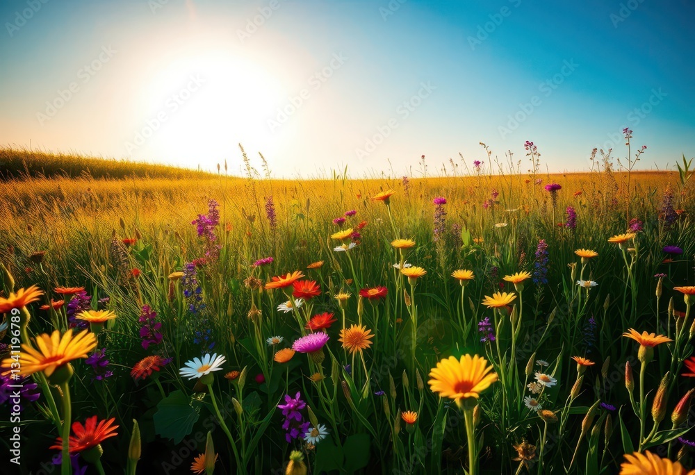 Obraz premium Sun-drenched meadow bursting with vibrant wildflowers, wildflower meadow, spring