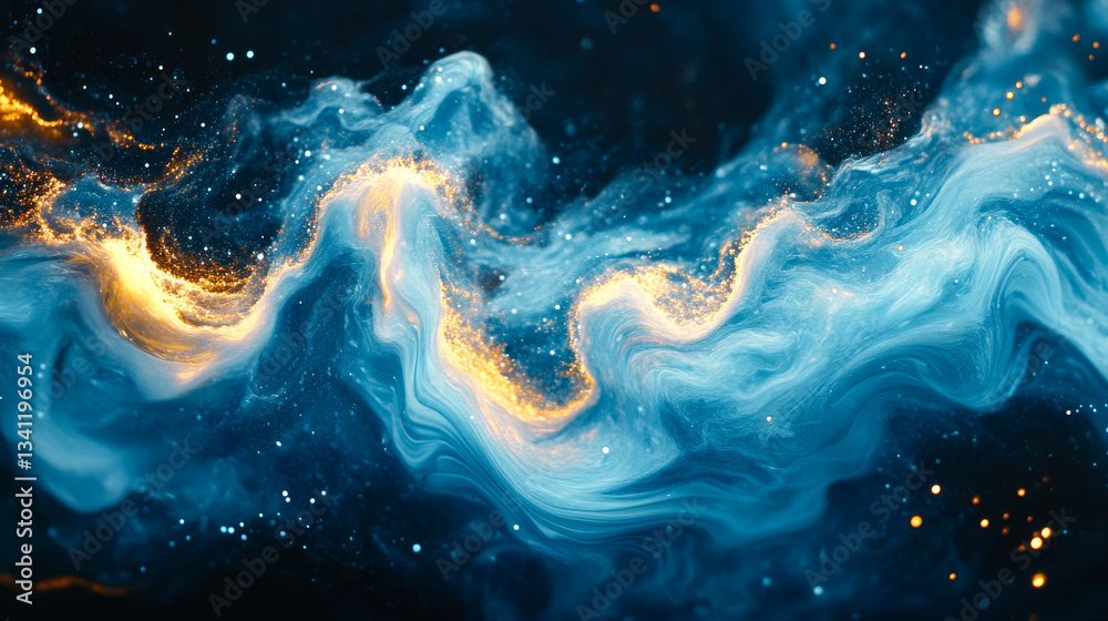 Colorful abstract swirl of blue and gold in a cosmic style resembling a galaxy