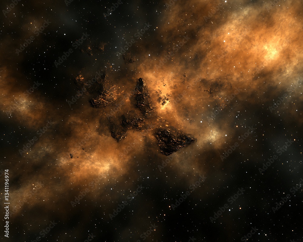 Naklejka premium Dark space with glowing clouds and rocky asteroid structures