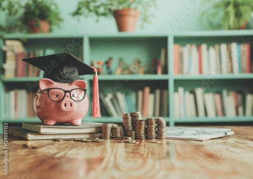 Wallpaper Mural A graduation cap rests on a coin-filled piggy bank, which is encircled by books and a globe, embodying the connection between financial awareness and educational accomplishment Torontodigital.ca