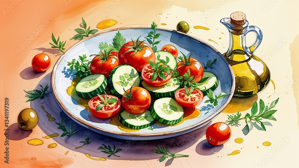 A vibrant watercolor illustration of a refreshing summer salad on a muted orange background, featuring a prominent ceramic plate at its center, adorned with a mix of juicy red tomatoes and crisp green A vibrant watercolor illustration of a refreshing summer salad on a muted orange background, featuring a prominent ceramic plate at its center, adorned with a mix of juicy red tomatoes and crisp green