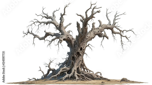 Cracked, dying tree with roots clawing the ground, isolated and eerie.    Isolated transparent background