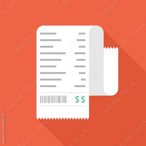 Curled White Receipt with Barcode and Dollar Signs in Long Shadow