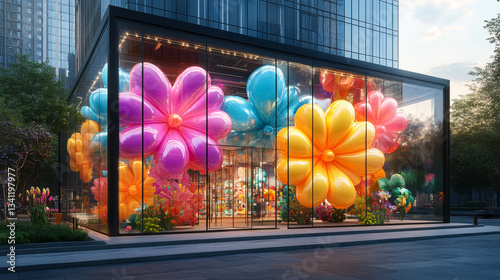 Obraz na płótnie Colorful balloon display attracts attention outside modern building in urban setting w salonie