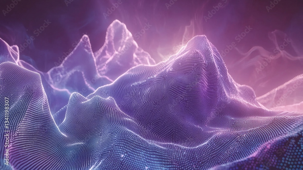 Fototapeta premium The combination of a digital wave of particles and glowing star points on an abstract background generates a dynamic visual effect, characterized by its technological style and futuristic ambiance
