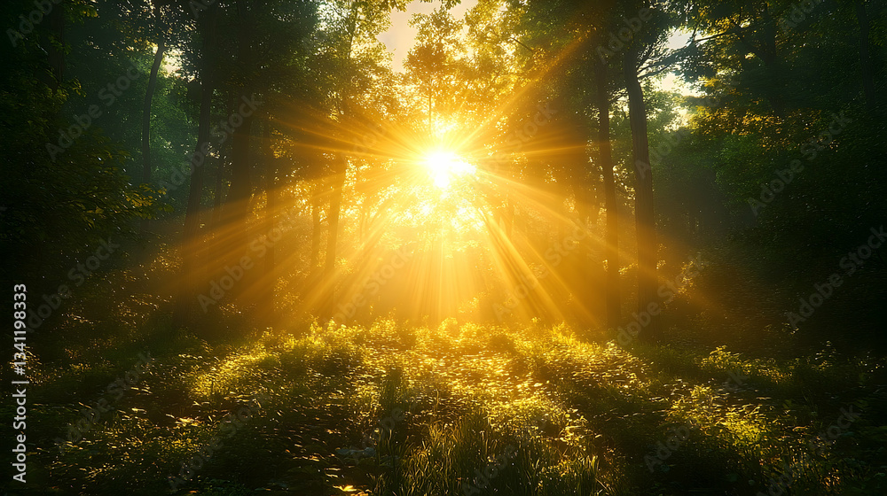 Fototapeta premium Rays of sunshine breaking through the trees in a dense lush forest
