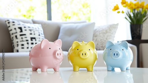 On a rustic wooden table, a vibrant trio of piggy banks in different colors is arranged, surrounded by cozy home decor that promotes prudent financial planning