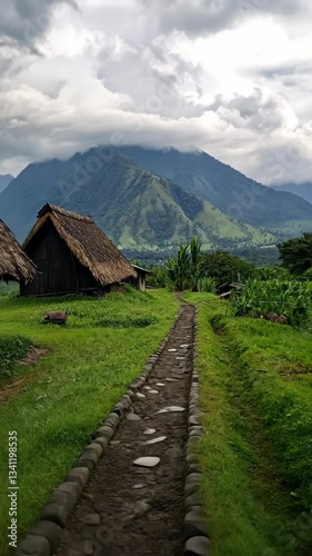 Traditional village path leads to thatched houses with mountain backdrop in a lush green landscape