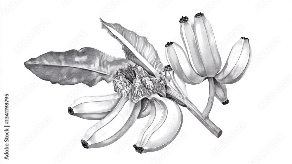 Naklejka premium Stunning Banana Bunch Drawing: A Detailed Botanical Illustration