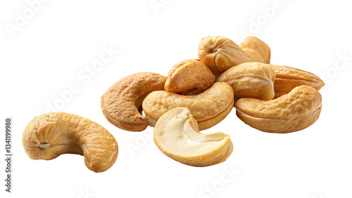 A small pile of fresh cashew nuts with curved shapes and golden-brown color isolated on a white background	