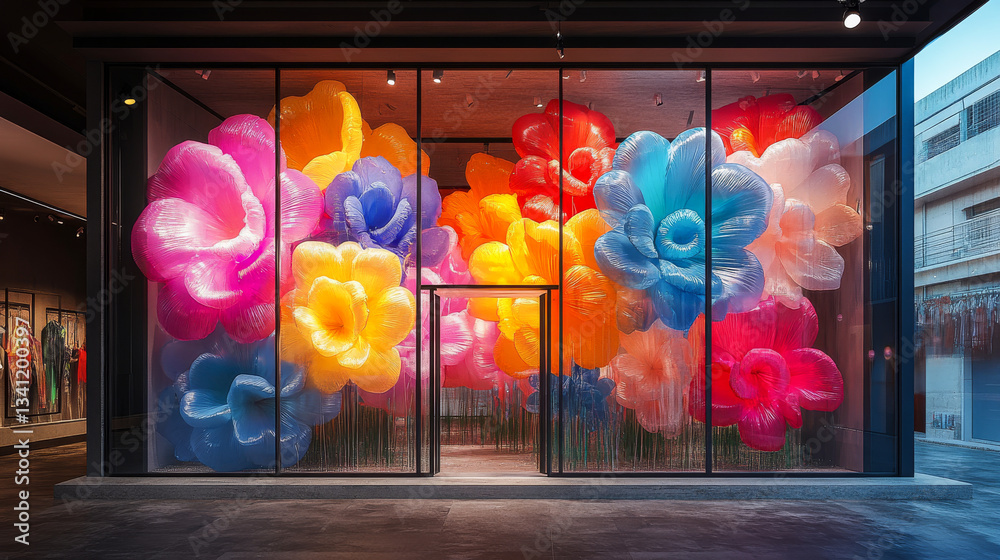 Brightly colored oversized flowers create a vibrant display in a modern storefront