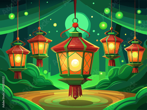 vector of  Warm light emanating from suspended lanterns. Green screen chromakey.