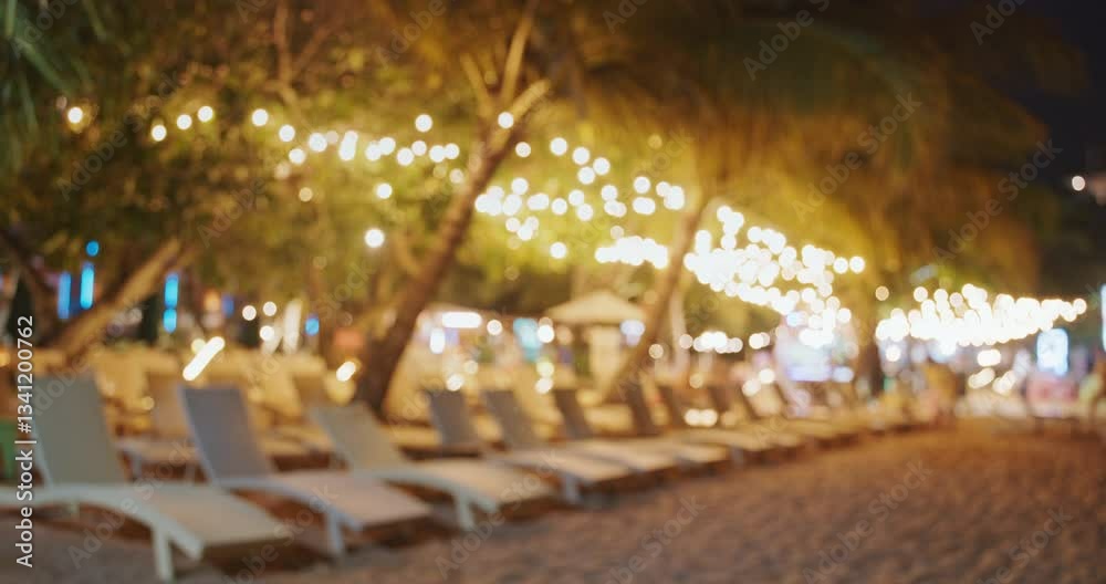 Beach Sun Loungers By The Sea. Chaise-longues, Chaise Longue On Beach In night. Sunbeds In Row