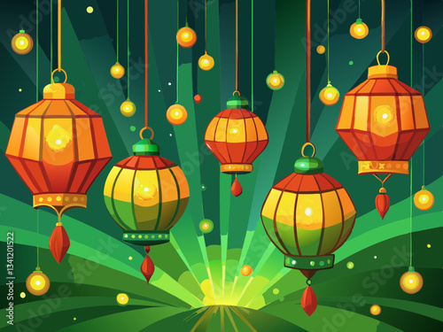 vector of  Warm light emanating from suspended lanterns. Green screen chromakey.