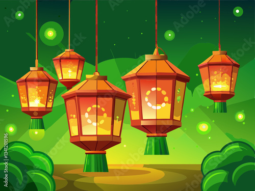 vector of  Warm light emanating from suspended lanterns. Green screen chromakey.